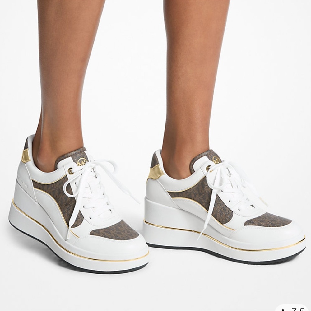Michael Kors Emmy Signature Logo & Leather Wedge Trainer - 8&1/2 - brown & white